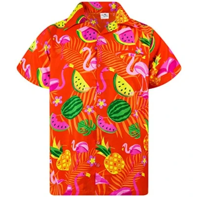 Afbeelding van King Kameha Funky Hawaïhemd voor heren, korte mouwen, voorzak, elegant, roze flamingo&#039;s, fruit, party, uniseks, Flamingo Meloen Oranje