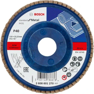 Image de BOSCH 2608601270 disque à lamelles X431 Standard pour métal, diamètre 115 mm, grain 40, type droit