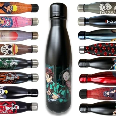 Image de BOUTEILLE ACIER ISOTHERME DOUBLE PAROI Gourde Inox Reutilisable Demon Slayer noir Maintien chaud et froid 12h Pour sport, voyage, quotidien, 500ml BPA Free Licence Officielle
