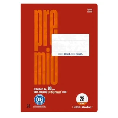 Afbeelding van Staufen Green schoolschrift DIN A4, liniatuur 28 (5 mm geruit met randlijnen), 2 schriften elk 32 vellen, 90 g/m² gerecycled papier, afgeronde hoeken om &quot;oren&quot; te voorkomen