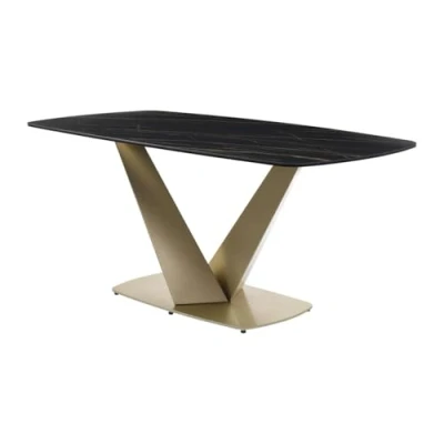 Afbeelding van Vente unique Eettafel voor 6 personen van keramiek, gehard glas en goudkleurig metaal Zwart marmereffect PORELIMA Maison Céphy L 180 cm x H 76 D 90