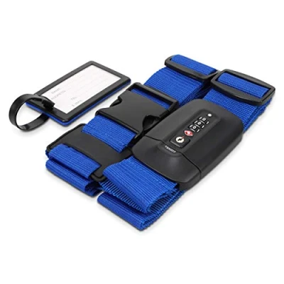 Afbeelding van Navaris kofferriem met TSA cijferslot en adreslabel Bagageriem Kofferband Luggagestrap Blauw Aanpasbaar tot 400 cm