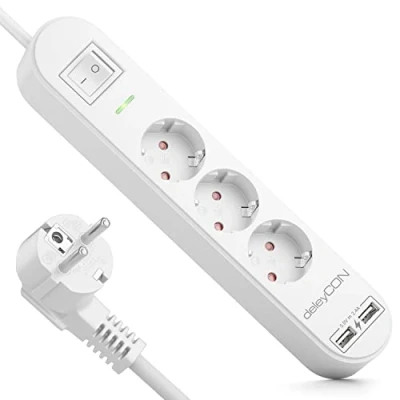 Afbeelding van deleyCON 5 m stekkerdoos met 3 vakken USB, x geaarde stopcontacten, 2 USB A oplaadaansluiting, bijv. mobiele telefoon en tablet, overspanningsbeveiliging, aan/uit knop, wit