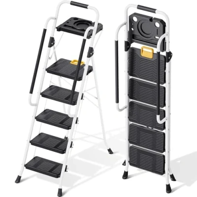 Afbeelding van KINGRACK Opvouwbare trapladder met 5 treden gereedschapsplatform, hellingen, robuuste stalen ladder breed pedaal