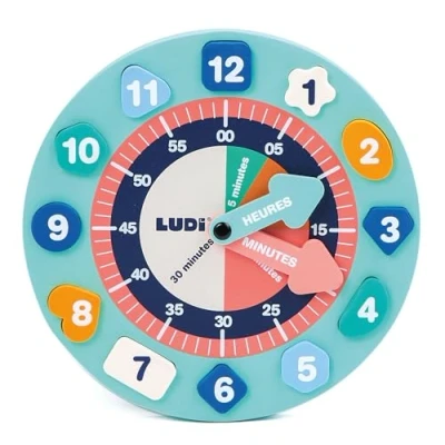 Afbeelding van Ludi Schuimrubberen leerklok om de tijd te leren en plezier hebben Vanaf 3 jaar Behendigheid reflectie 2 beweegbare wijzers 12 afneembare nummers Verschillende vormen kleuren