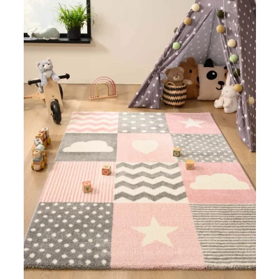 Afbeelding van Tapijt/Vloerkleed Kinderkamer Blokken Adventures Roze/grijs 120x170 Cm