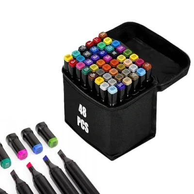Afbeelding van 48 stuks alcoholmarkers voor manga/design/school, alcoholmarkers, sneldrogend, dubbelzijdige markers, viltstiften, tekenen, kleuren met draagtas