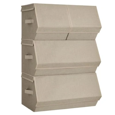 Afbeelding van SONGMICS RLB022Y02 Opbergdozen met deksel, stapelbaar, opvouwbaar, van stof, magneetsluiting, voor kleding, boeken, zandbeige, 4 stuks