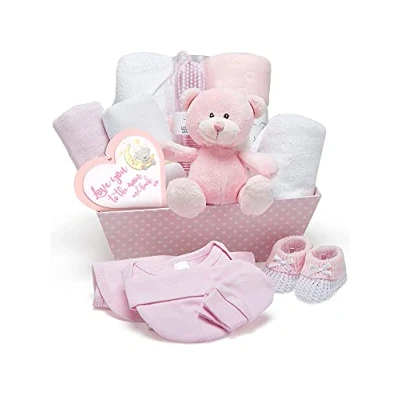 Afbeelding van Roze cadeaumand voor babyshower met fleece, handdoek capuchon, babykleertjes, 2 mousseline doeken en een schattige teddybeer doopcadeaus meisjes of jongens