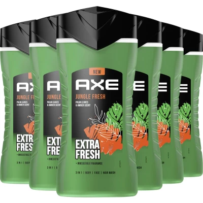 Afbeelding van AXE 3 in 1 Douchegel Jungle Fresh bodywash met de geur van palmbladeren en amber 6 x 250 ml