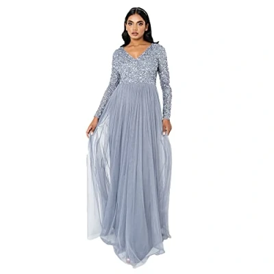 Image de Maya Deluxe Womens Ladies Dress Sleeve for Wedding Guest V Neck High Empire Waist Maxi Long Length Soirée Bridesmaid Bal Vêtements Femme, Bleu poussière, 24