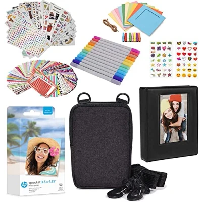 Image de HP Sprocket papier photo Zink 8,9 x 10,8 cm Kit : 50 paquets de Zink, étui, album photo, marqueurs, ensembles d&#039;autocollants