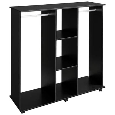 Afbeelding van HOMCOM Kledingkast voor slaapkamer, mobiele opbergkast, 6 wielen, 120 x 40 128 cm, hout, zwart