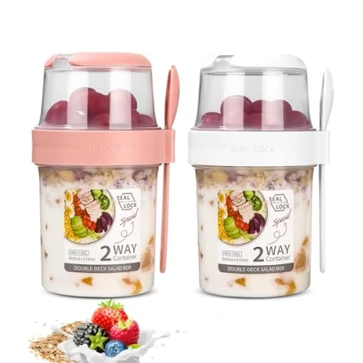 Afbeelding van Mueslibeker om mee te nemen, set van 2 mueslibekers met lepel, yoghurt to go, dubbellaags, lekvrij, voor salade, muesli werk, school, reizen (310 ml