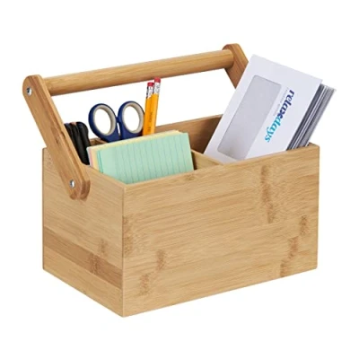 Afbeelding van Relaxdays bamboe organizer met handgreep 4 vakken bestekhouder bureau