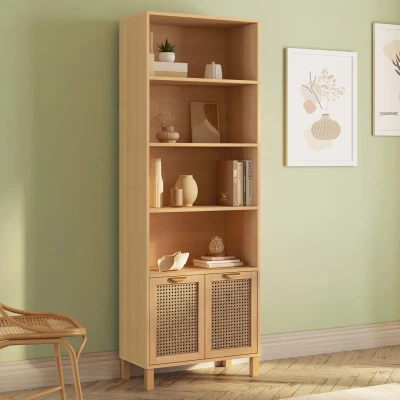 Image de Etagère bibliothèque 4 niveaux avec placard EDHEN cannage et bois