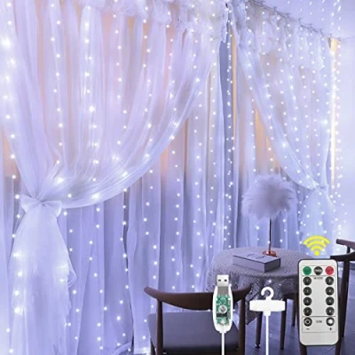 Afbeelding van AOMIG Lichtgordijn, 3 m x m, lichtsnoer, gordijn * 300 leds, lage spanning 5 V, 8 verlichtingsmodi, waterdicht, IP67, voor binnen en buiten, decoratie Kerstmis, verjaardag, raam, wit licht