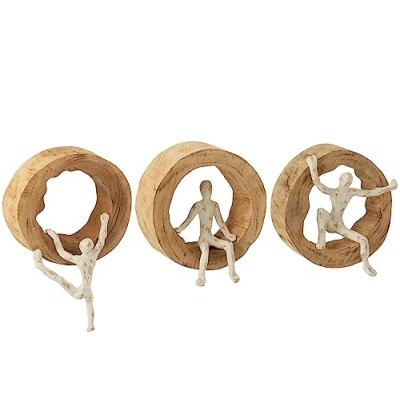 Afbeelding van J Line wanddecoratie Figuur Klimmen hout/aluminium naturel/wit 3 stuks