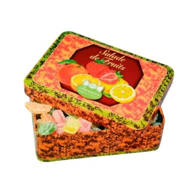 Afbeelding van Barnier snoep met fruitmix citroen, aardbei en sinaasappel Container Tutti Frutti Fruitsnoepjes 150 gram.