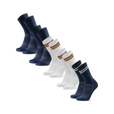 Afbeelding van DANISH ENDURANCE Premium fietssokken, racefiets en mountainbike, ademend, heren dames, 3 5 paar, Veelkleurig (2 x marineblauw, 2 wit/strepen, 1 marineblauw/strepen) stuks, 43 47