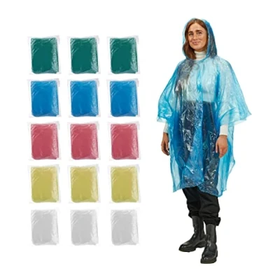 Afbeelding van Relaxdays 15 stuks wegwerp regenponcho&#039;s met capuchon, 5 kleuren, voor dames en heren, 95 x 120 cm