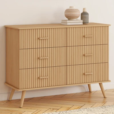 Image de Commode 6 tiroirs 110 cm lattes tasseau bois coloris chêne IDMarket