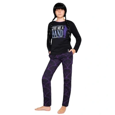 Afbeelding van Wednesday Pyjama voor meisjes, Addams, pyjamaset katoen, nachtkleding kinderen, jongeren, 7 16 jaar, Zwart/Het Ding