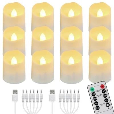 Afbeelding van FREEPOWER 12 stuks oplaadbare led theelichtjes met afstandsbediening, timer, warmwit, dimbaar 2 USB kabels, decoratie voor Kerstmis, Halloween, party, familie