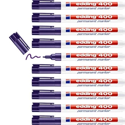 Afbeelding van edding 400 permanente markers paars, 10 stiften, ronde punt 1 mm, sneldrogend, water en slijtvast, voor karton, kunststof, hout, metaal glas