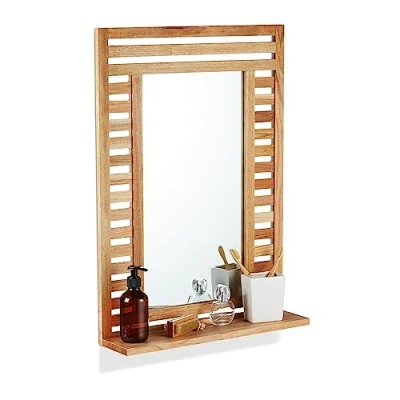 Afbeelding van Relaxdays Badkamerspiegel met plank, houten frame, rechthoekig, 70 x 50 12 cm, naturel