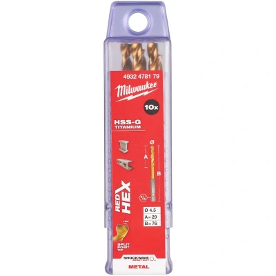 Afbeelding van MILWAUKEE 4932478179 SHOCKWAVE HSS G TiN Red Hex 4,5mm metaalboormm (10 st.)