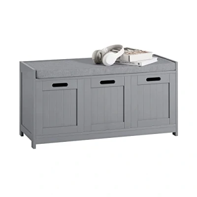 Afbeelding van SoBuy FSR80 SG Opbergbank met 2 deuren, 1 kubus en gevoerd kussen, halmeubel, speelgoedkist, schoenenkast, lichtgrijs, L x B H 90 35 45 cm