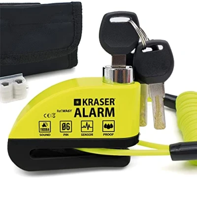 Image de KRASER WA6Y Antivol Moto Bloque Disque Alarme 110db, étanche, Renforcé Bloc Frein Universel Motos, Scooter, Vélos Electriques, Câble Rappel 1,5m, 3 clés, Sac, Piles Rechange.