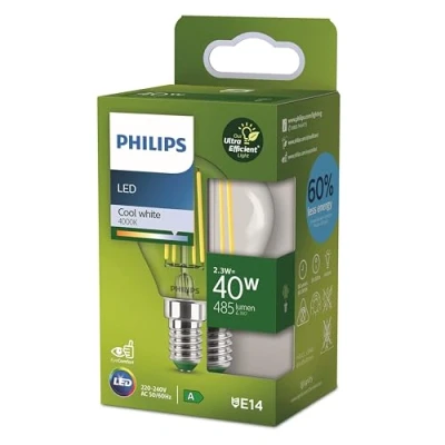 Afbeelding van Philips Ultra Efficient LED kogellamp Transparant 40 W E14 Koelwit licht Energielabel A