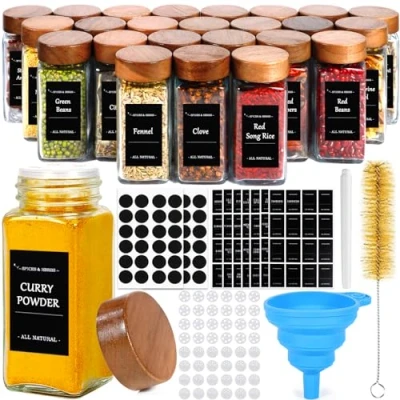 Afbeelding van MOYKSRR Kruidenpot van glas en hout, 24 stuks, 120 ml, kruidenpotjes met deksel acaciahout, kruidenpotjes, voor het bewaren keuken, etiketten, zeef, trechter, borstel