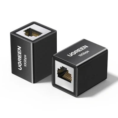 Afbeelding van UGREEN Zwart 10 Gbps koppeling RJ45 ethernet aansluiting bus op LAN verlengkabel netwerkadapter compatibel met ethernetkabel Cat 8 7 6 5 5e (2 stuks)
