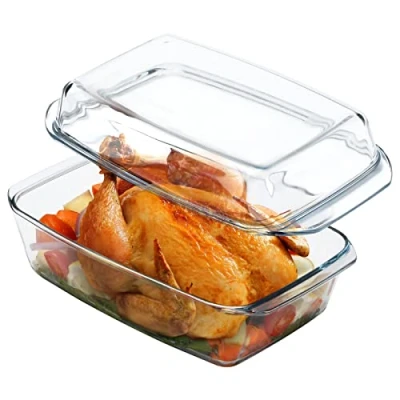 Afbeelding van 3 liter rechthoekige glazen braadpan met deksel, ovenbestendig, magnetronbestendig