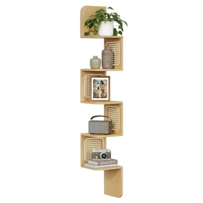 Afbeelding van VASAGLE Hoekplank, zwevend wandrek met 5 niveaus, zigzag hoekrek, zijkanten van pvc, ruimtebesparend, voor keuken, slaapkamer, woonkamer, boho stijl, kleur eiken beige LLS582Y57
