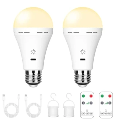 Afbeelding van USB C gloeilamp, oplaadbaar, met afstandsbediening, 12 W, led, accu, E27, touchscreen, dimbaar, synchronisatiefunctie, voor buiten, camping, noodlamp haak, 3000 k/2 stuks