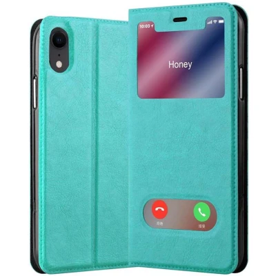 Afbeelding van Cadorabo Hoesje geschikt voor Apple iPhone XR in MUNT TURKOOIS Beschermhoes met magnetische sluiting, standfunctie en 2 kijkvensters Book Case Cover Etui