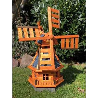 Afbeelding van DARLUX Zeshoekige houten windmolen met kogellagers bruin hoogte 70 cm (windmolen L, bruin/blauw)
