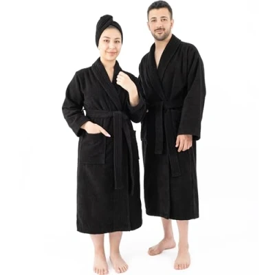 Afbeelding van Hammetex Badjas van 100% katoen, uniseks, voor dames en heren, premium kwaliteit, 400 g/m², zacht absorberend, badstof, met zakken, zwart.
