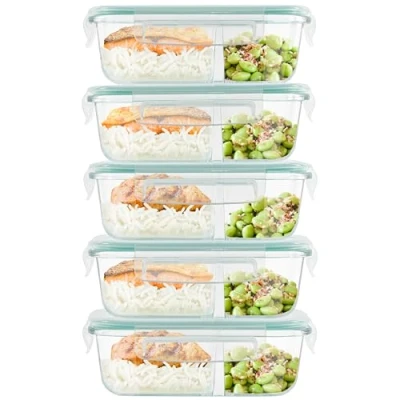 Afbeelding van Winter Shore Luchtdichte glazen voedselcontainers met 2 vakken (5 stuks) meal prep glas, BPA vrij, waterdicht en luchtdicht, geschikt voor magnetron, vriezer vaatwasser
