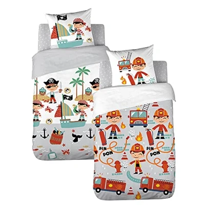 Afbeelding van Côte Deco Beddengoed voor kinderen, omkeerbaar, motief: brandweerman en piraat, dekbedovertrek 140 x 200 cm + 1 kussensloop 63 53 cm, 100% biologisch katoen.