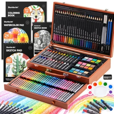 Afbeelding van Shuttle Art 186 delige luxe set in houten etui, tekenkunst met acrylverfstiften, oliepastelkrijt, aquarel, cake, kleurboek voor kinderen en volwassenen
