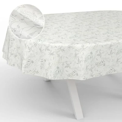 Afbeelding van Afwasbaar tafelzeil, tuintafelkleed, voor buiten, binnen, ovaal, met afgesneden rand, motief bladeren, grijs, 180 x 140 cm