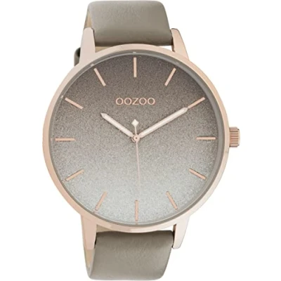 Afbeelding van Oozoo Groot dameshorloge met leren band en 5 minuten lijnindex op de wijzerplaat een diameter van 48 mm in verschillende varianten, Roségoud/taupe, armband