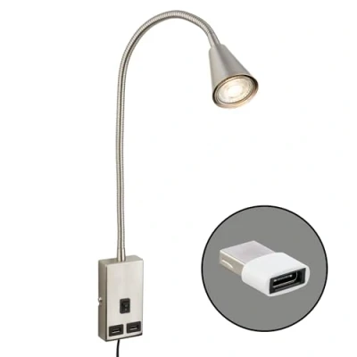 Afbeelding van Briloner Justra Leeslamp 2175012 Zwenkbaar 2 USB poorten Stekkerbediening 48,5 x 6 42,5 cm Nikkel mat