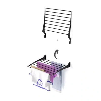 Afbeelding van foxydry Fold Droogrek voor aan de muur, uittrekbaar, verticaal, opvouwbaar, binnen en buiten, van aluminium staal (zwart sluiting bovenaan, 1 x 60)