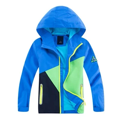 Afbeelding van YoungSoul Waterdichte jas voor jongens en meisjes, windjack met kap, kleurblok, wandeljas, lente, herfst, Blauw